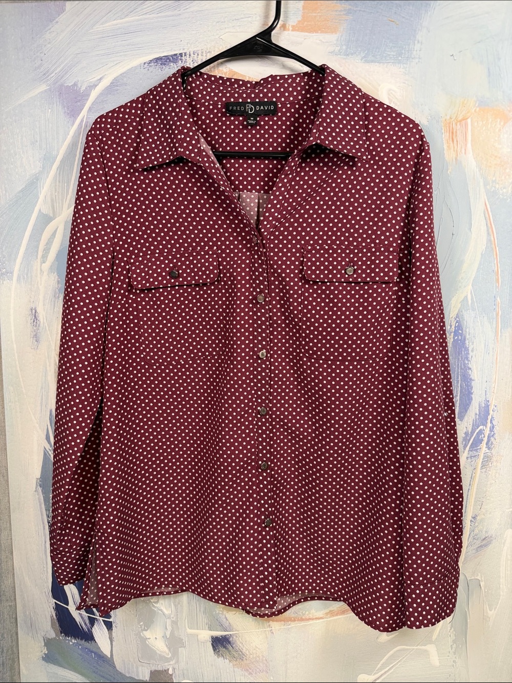 Fred David Burgundy Polka Dot Button Front Blouse Medium Long Sleeve